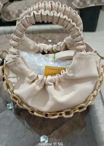 Beige Ruched Handle Chain Bag