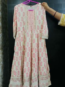 Floral White and pink A line kurta set
