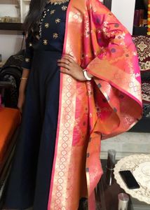 Navy Blue Anarkali With White Duppata