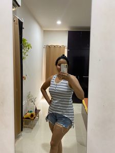 High-Low Blue and White Striped Tank Top