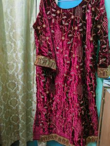 Maroon Velvet Kurta SET