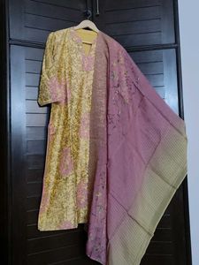 Elegant Yellow & Pink Embroidered Silk Kurta Set