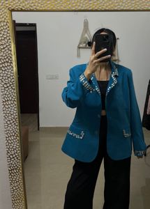 Aqua Blue Single Breasted Blazer with Sequins Bead