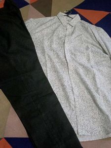 White Patterned Long Sleeve Shirt And Black Pent