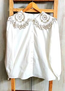 Elegant White Embellished Blouse Size-42
