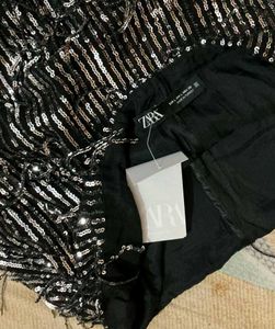 zara Sparkling Sequin Fringe black party Skirt