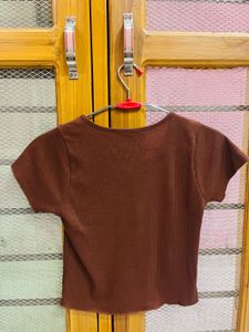 Brown Ribbed Button Top