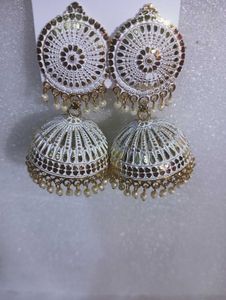 White &amp; Gold Jhumka Earrings