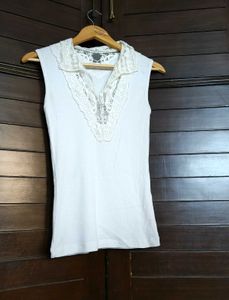Women White Lace Neck Design Cotton Casual Top