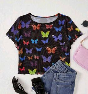Shein Butterfly Print Mesh Top