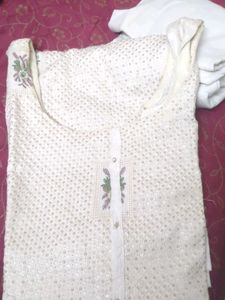 Off White Straight Kurta Set-Sequins And embroider