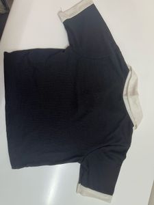 Classic Black Ribbed Polo Top with Contrast Collar