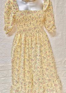 Mini Floral Print Yellow Midi Size Dress