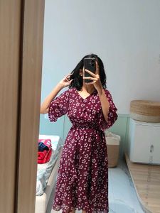 Maroon Fit &amp; Flare Midi Dress with Bell Sleeves