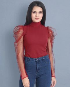 Maroon Top with Mesh Sleeves