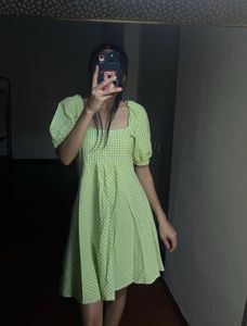 Green Gingham Puff Sleeve Dress