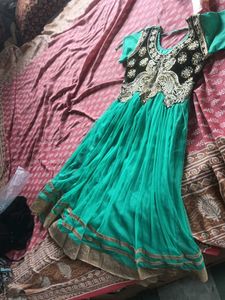 Teal &amp; Gold Embellished Anarkali Dress