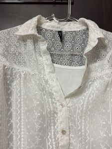 White Embroidered Cropped Shirt
