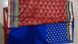 Red &amp; Blue Gold Floral Pattern Sari