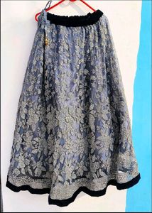 Heavy Party Wear Lahanga Grey And Navy Blue Colour
