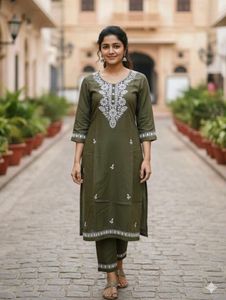 Olive Green Embroidered Kurta XL size