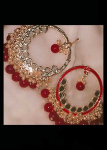 &#34;Traditional Red Kundan Earrings with Mirror Work