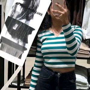 V neck Green and white Striped Crop tee