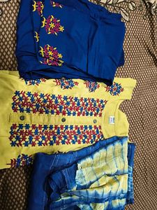 Embroidered Yellow Kurti pant with duppata