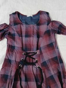 Red Plaid Cold Shoulder Dress