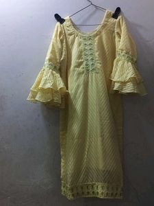 Yellow Embroidered Kurti with Ruffle Sleeves