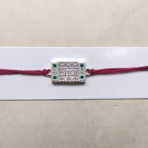 &#34;Bhai&#34; Logo Pure Silver Green &amp; White CZ Rakhi