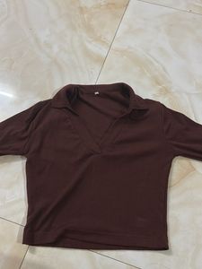 Brown Ribbed Crop Top