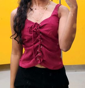 Burgundy Lace-Up Crop Top