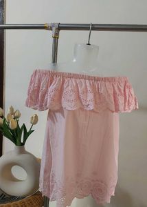 Pink Eyelet Off-Shoulder Top