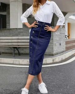 Side Button Plain Straight Maxi Denim Skirt
