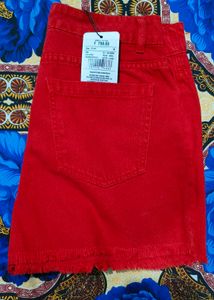 Shein Frayed Hem Mini Red Denim Shorts With Pocket