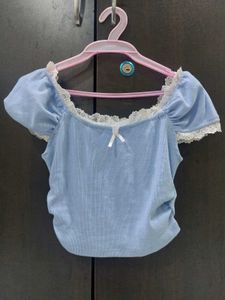 Blue Ribbed Crop Top with Lace Trim