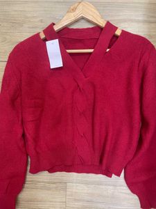 Red V-Neck Cutout Sweater Top