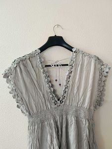 Gray Crochet Trim V-Neck Top