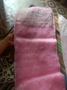 NewPink Embroidered Saree With White Blouse Piece