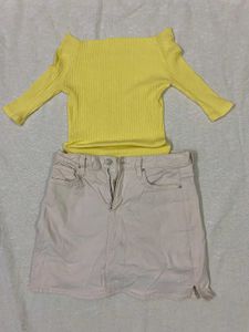 Yellow off shoulder Top & Skirt Set