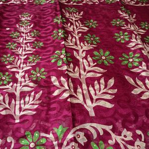 Maroon Embroidered Sari Fabric