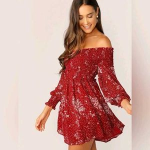 Shein Ditsy Floral Shirred Bodies Off Shoulder Dre