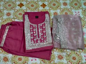 Dark Pink Suit With Organza Dupatta