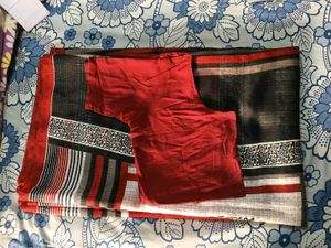 GentlyUsed Red&amp;White&amp;Black stripes Saree with Blou