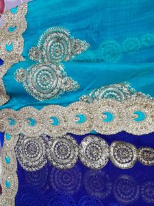 Blue Embellished Saree with wide border and cutwor