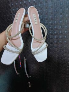 Elle White Rhinestone Square Toe Strappy Heels