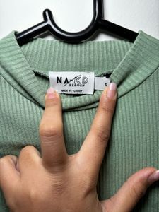 High Neck Ribbed Top With Bell Sleeves