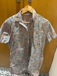 Striped Button-Up Shirt with Book Print