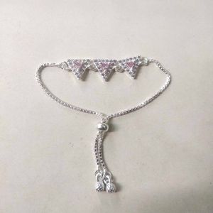 Pure Silver Pink CZ Stone Adjustable Hand Bracelet